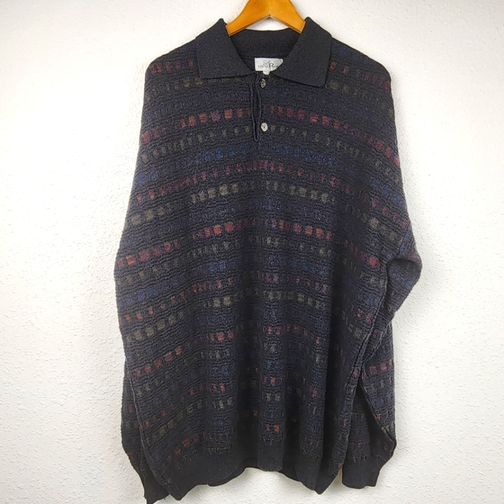 Vintage Louis Roth Textured Knit Black Colorful Polo Sweater Men's Size XLT Tall